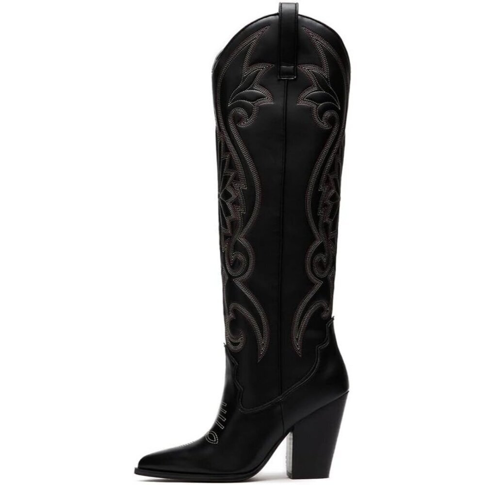 Women's Black Wide Calf Chunky Knee High Heels Embroidered Western Boots